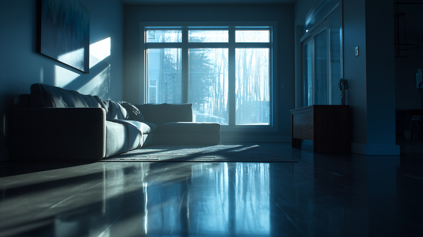 a modern Canadian living room in winter, low-angle sunlight streaming through a large window, long dramatic shadows stretching across the floor, a cool blue atmospheric tint in the corners.