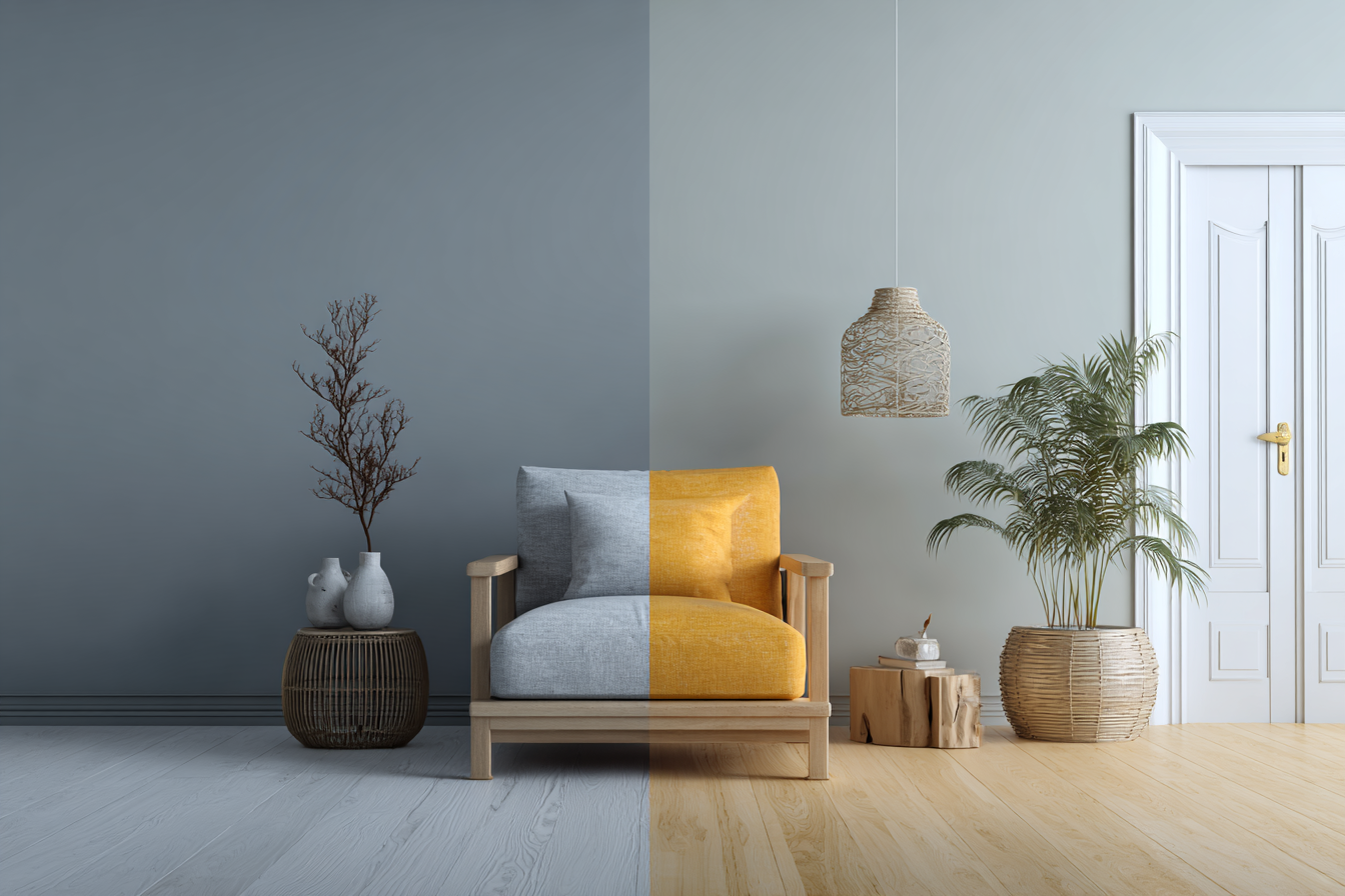 A split-screen comparison of two interior walls; the left side is a cold, flat clinical blue-grey, the right side is a warm, inviting greige with subtle yellow undertones.