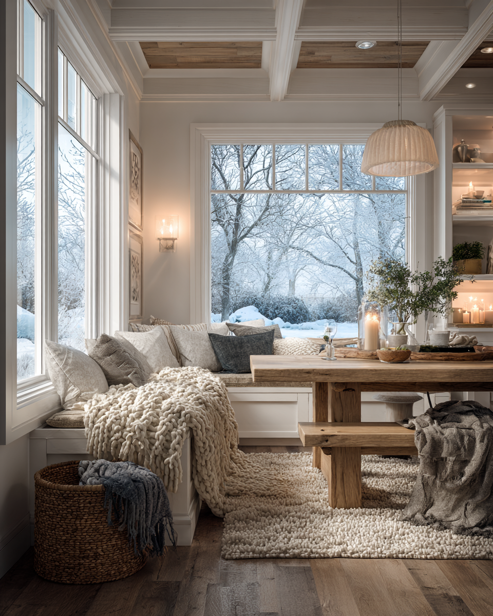 A cozy breakfast nook painted in a creamy off-white like Candle CA007, warm morning light hitting the walls, a soft glow resembling candlelight, textures of linen and light wood, inviting and warm, highly detailed, realistic textures.