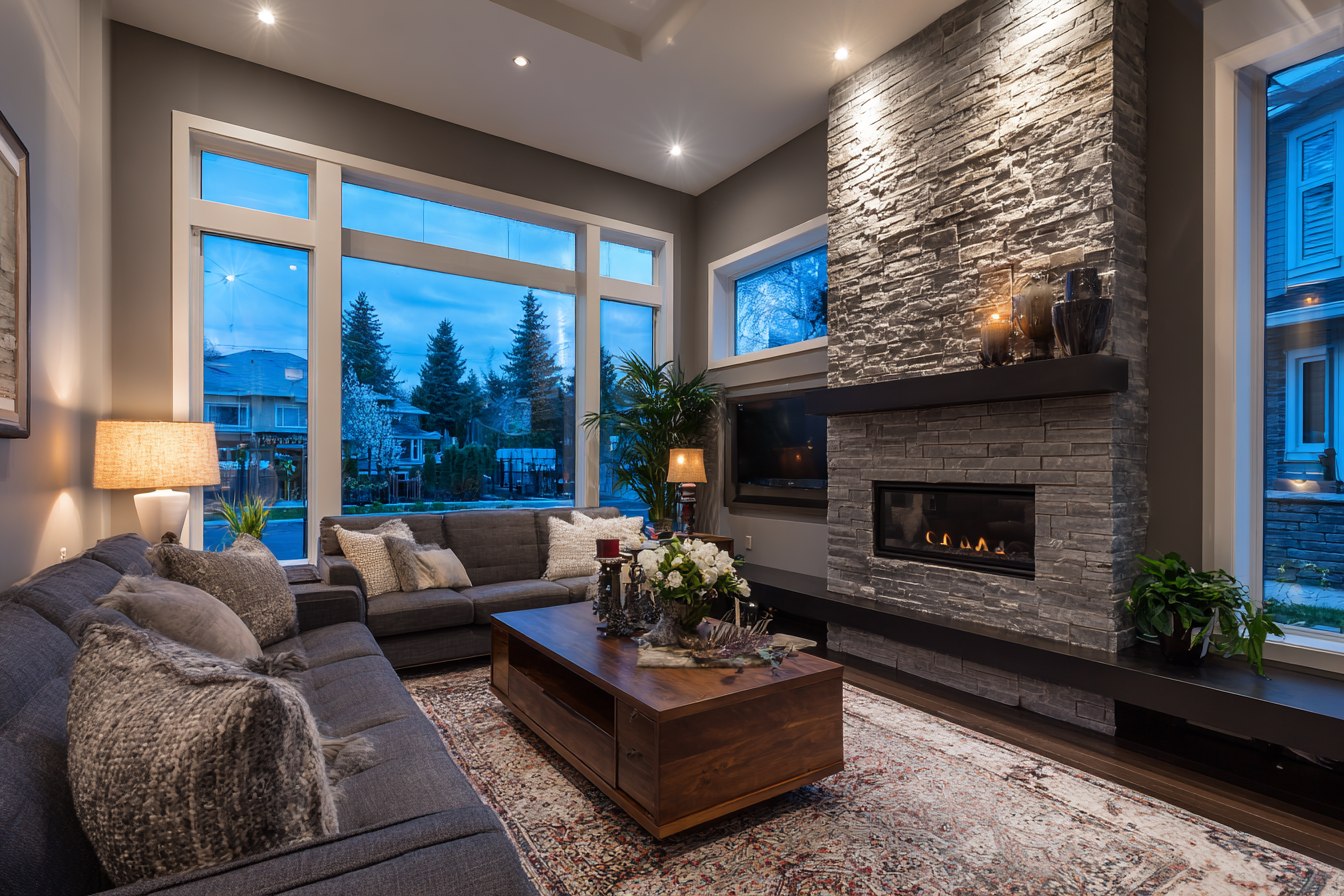 A modern Canadian open-concept living room at 4:30 PM dusk, walls painted in a warm greige.