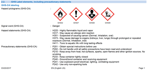 WHMIS 2015 as seen on an SDS