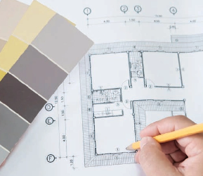 Architectural plans with paint colour samples for project specifications